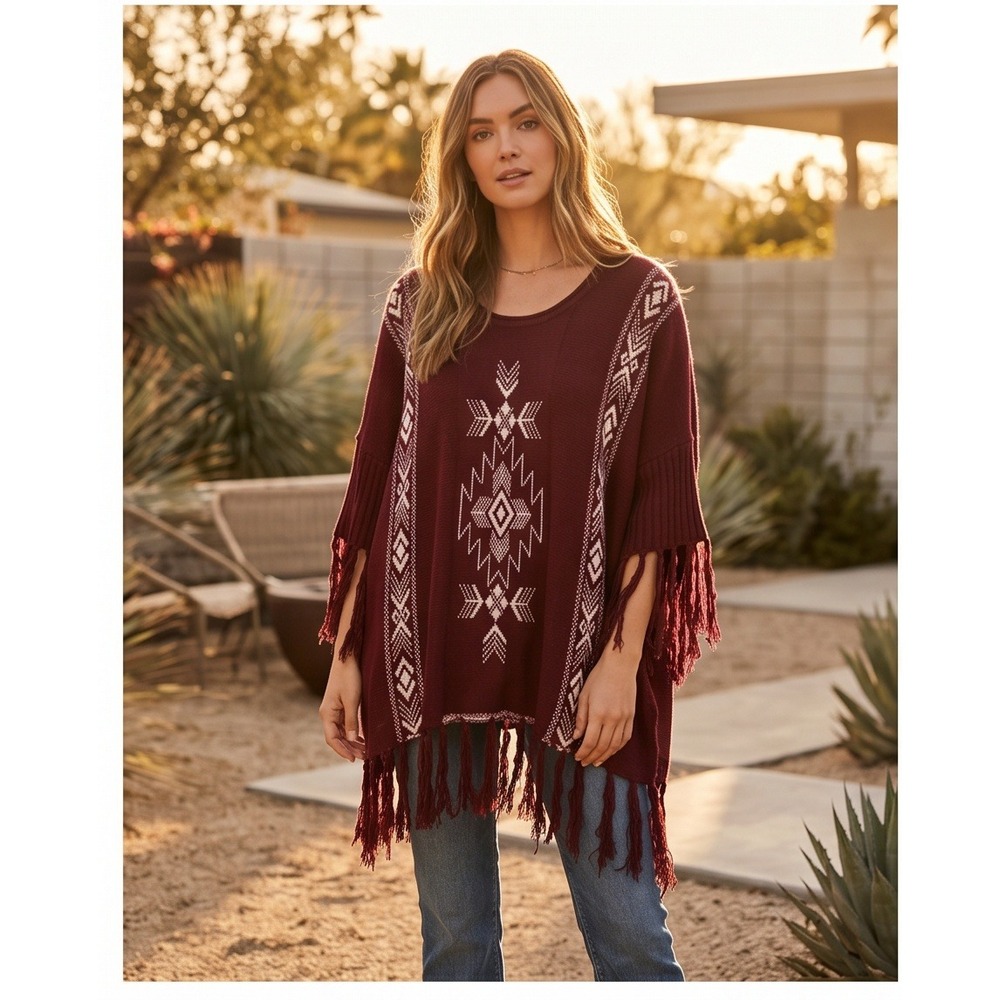 Active USA M/L Southwestern Fringe Poncho Sweater Burgundy Red Aztec Tribal